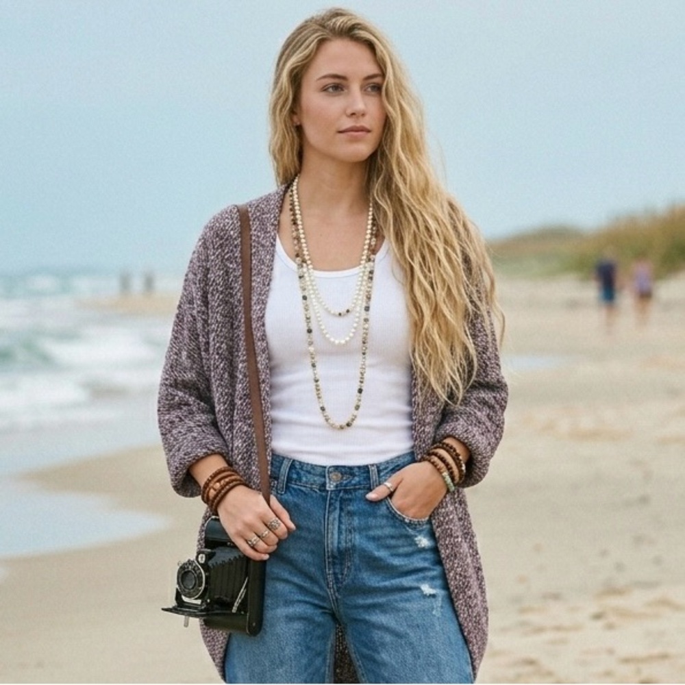 Free People FP Beach Hooded Cocoon Cardigan Sweater Grey Marl Knit Boho Oversize